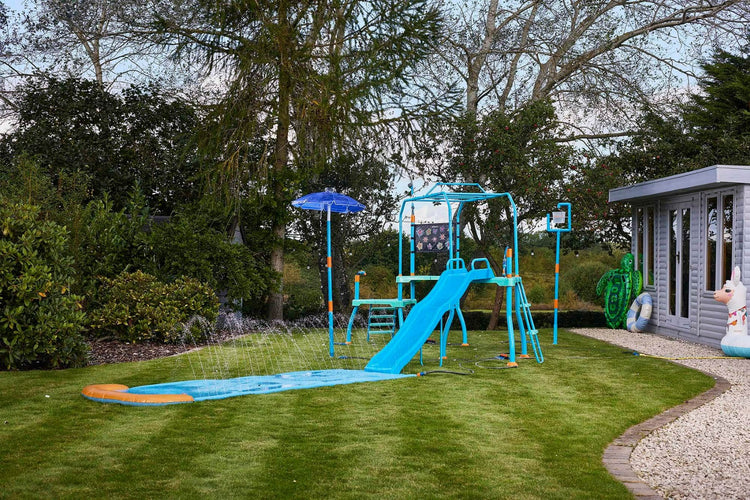 Plum Water Play Blaster Course - Climbing Frame with 6ft Slide, Water Chute, and Sprinklers - Slip-Resistant Galvanised Steel Frame