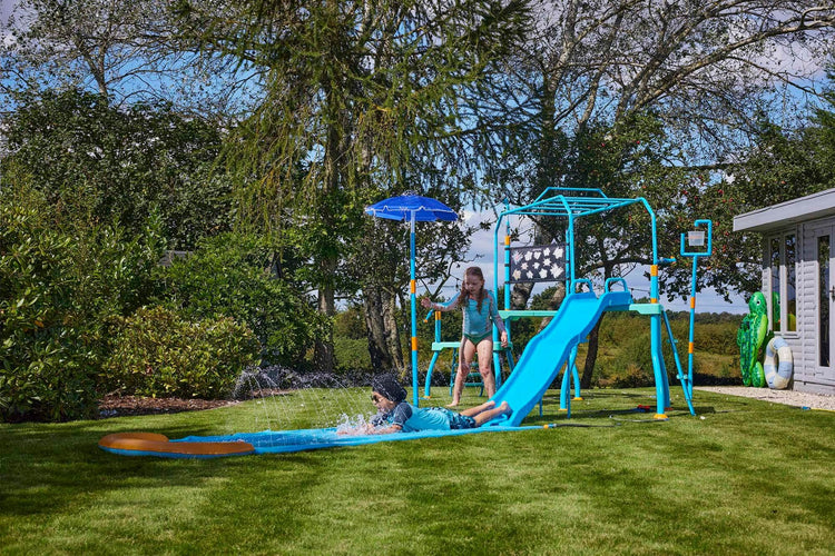 Plum Water Play Blaster Course - Climbing Frame with 6ft Slide, Water Chute, and Sprinklers - Slip-Resistant Galvanised Steel Frame