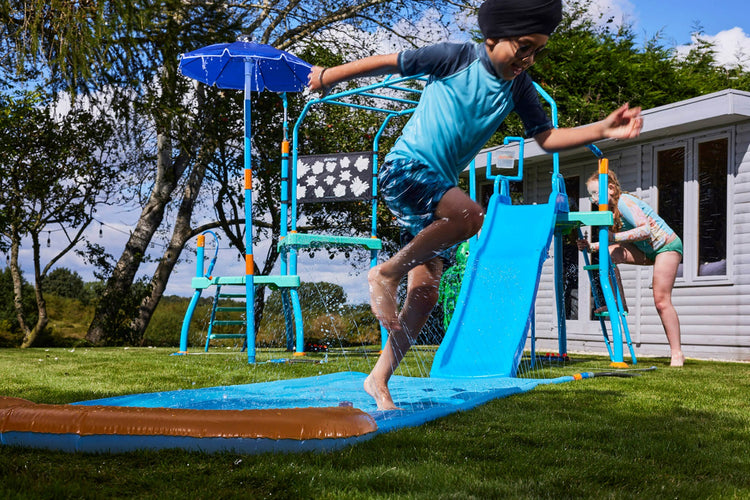 Plum Water Play Blaster Course - Climbing Frame with 6ft Slide, Water Chute, and Sprinklers - Slip-Resistant Galvanised Steel Frame