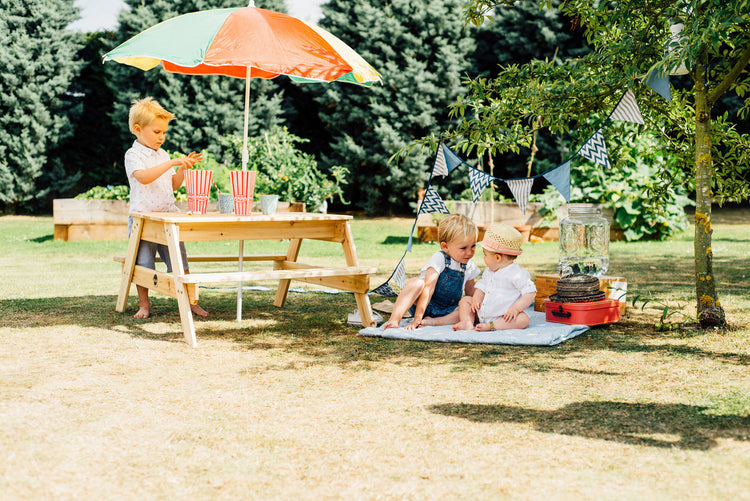 Plum Wooden Picnic Table with Benches & Parasol | Outdoor Games, Drawing, and Eating Table