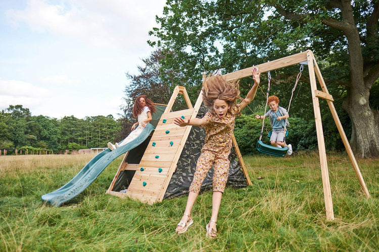 Plum Climbing Pyramid with Slide and Swings | Wooden Jungle Gym for Kids Outdoor Play