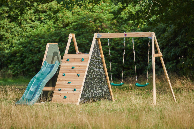 Plum Climbing Pyramid with Slide and Swings | Wooden Jungle Gym for Kids Outdoor Play