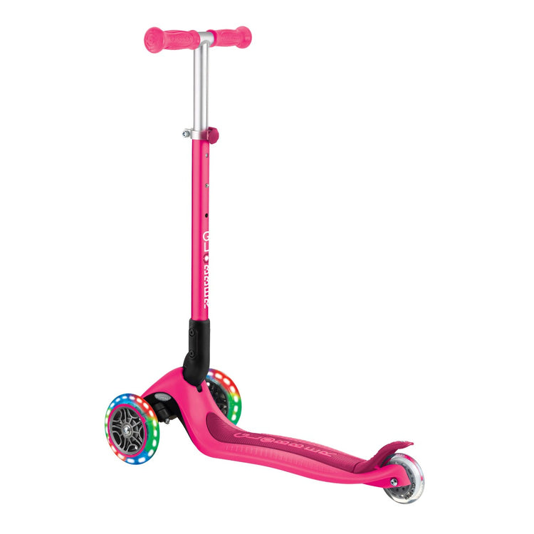 Globber PRIMO Foldable Scooter with Lights - Neon Pink | Adjustable Height, LED Wheels for Kids