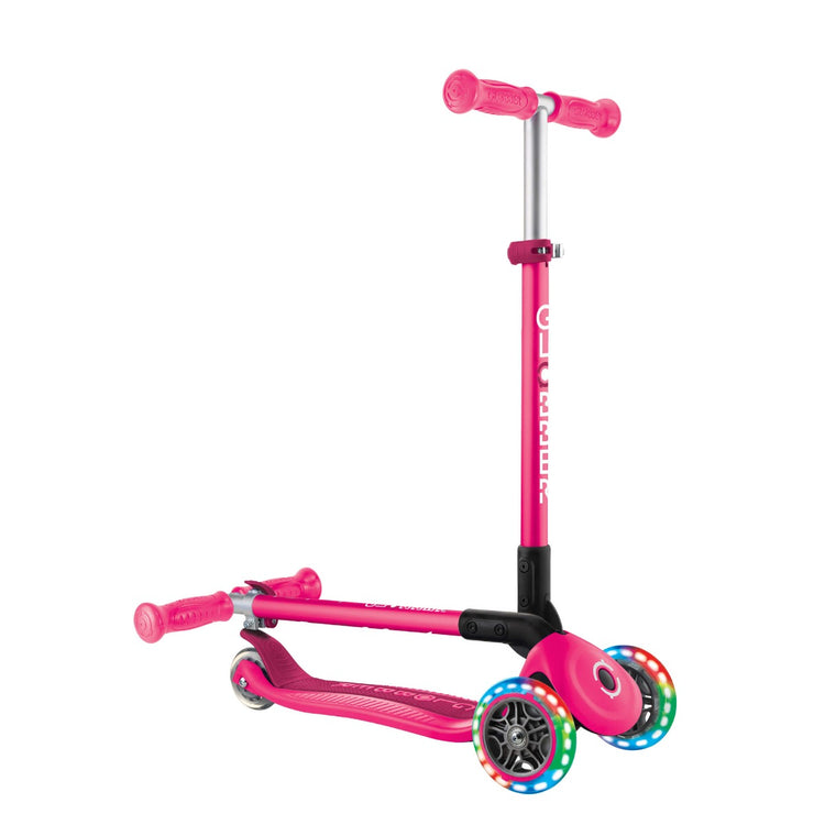 Globber PRIMO Foldable Scooter with Lights - Neon Pink | Adjustable Height, LED Wheels for Kids