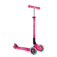 Globber PRIMO Foldable Scooter with Lights - Neon Pink | Adjustable Height, LED Wheels for Kids