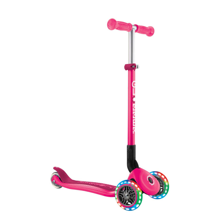 Globber PRIMO Foldable Scooter with Lights - Neon Pink | Adjustable Height, LED Wheels for Kids