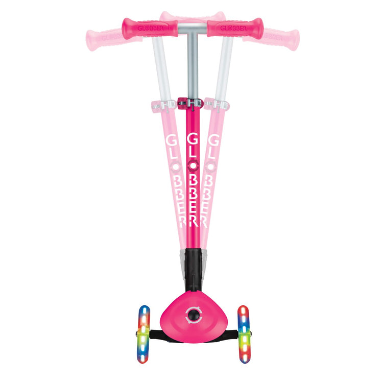 Globber PRIMO Foldable Scooter with Lights - Neon Pink | Adjustable Height, LED Wheels for Kids