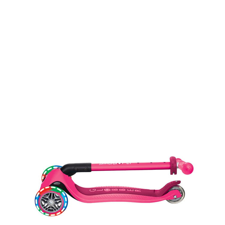 Globber PRIMO Foldable Scooter with Lights - Neon Pink | Adjustable Height, LED Wheels for Kids