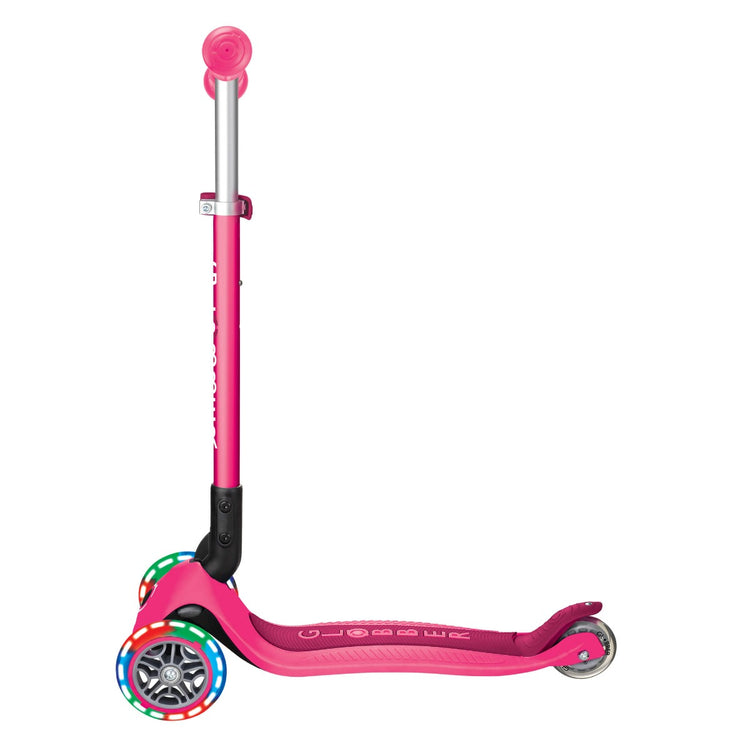 Globber PRIMO Foldable Scooter with Lights - Neon Pink | Adjustable Height, LED Wheels for Kids