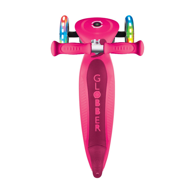 Globber PRIMO Foldable Scooter with Lights - Neon Pink | Adjustable Height, LED Wheels for Kids