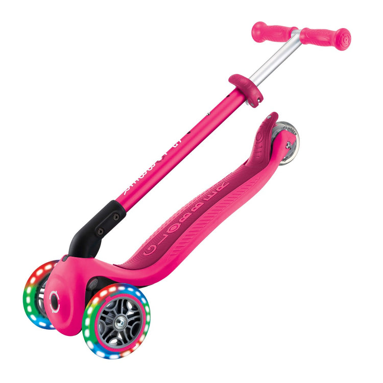 Globber PRIMO Foldable Scooter with Lights - Neon Pink | Adjustable Height, LED Wheels for Kids