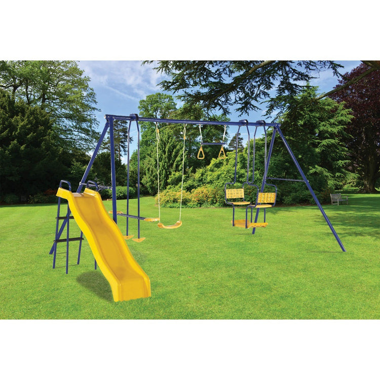 Plum 5-Unit Metal Swing Set with Slide | Sturdy Outdoor Play Equipment for Kids