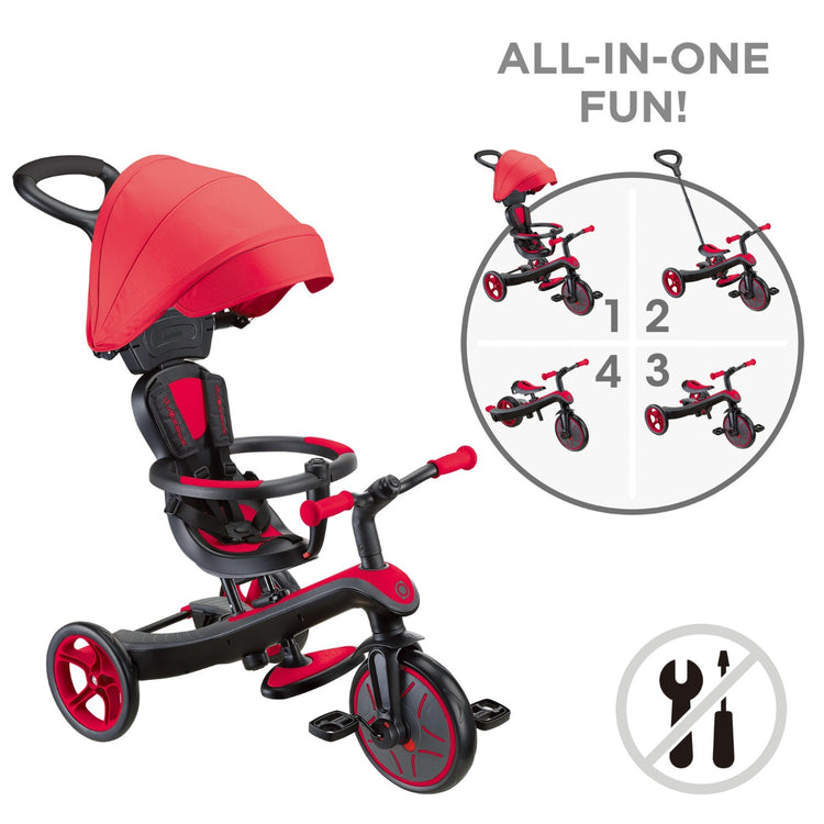 Globber Explorer Trike 4-in-1 with Parent Handle - New Red | Adjustable Toddler Trike & Balance Bike