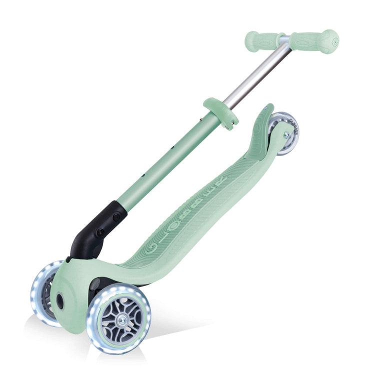 Globber ECOLOGIC PRIMO Foldable Scooter with Lights - Pistachio | LED Wheels, Adjustable Height for Kids