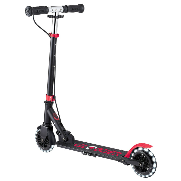 Globber Flow Element Junior Lights Scooter - Black & Red | LED Wheels, Adjustable Handlebars, Smooth Ride for Kids