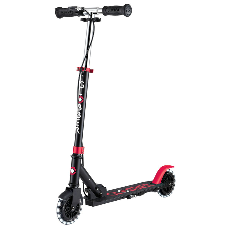 Globber Flow Element Junior Lights Scooter - Black & Red | LED Wheels, Adjustable Handlebars, Smooth Ride for Kids