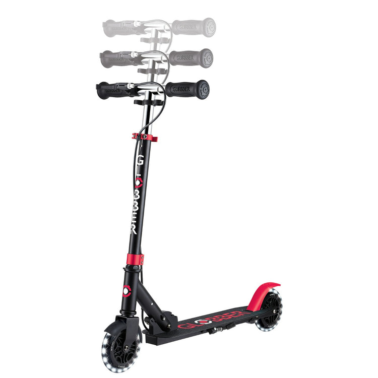 Globber Flow Element Junior Lights Scooter - Black & Red | LED Wheels, Adjustable Handlebars, Smooth Ride for Kids