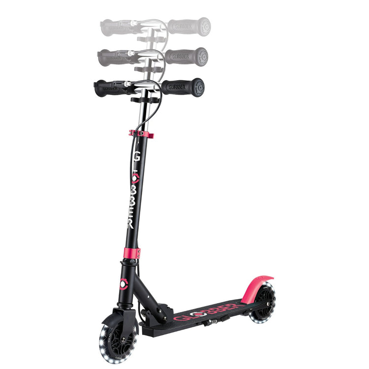 Globber Flow Element Junior Lights Scooter - Black & Pink | LED Wheels, Adjustable Handlebars, Smooth Ride for Kids