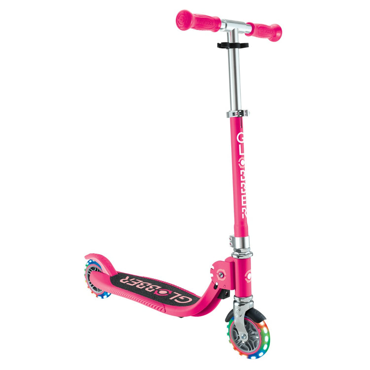 Globber Flow Foldable Junior Lights Scooter - Pastel Pink / Fuchsia | LED Wheels, Foldable Design & Adjustable Handlebars for Kids