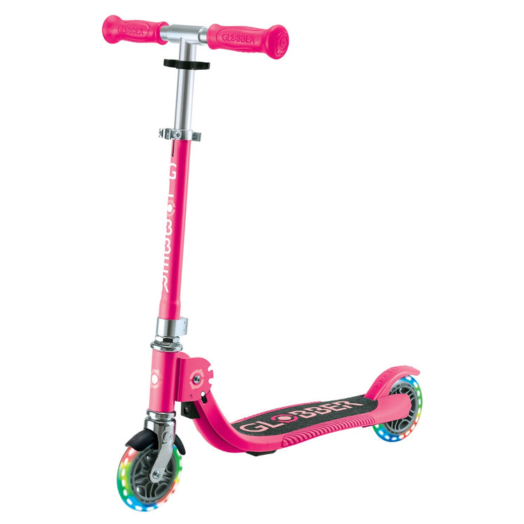 Globber Flow Foldable Junior Lights Scooter - Pastel Pink / Fuchsia | LED Wheels, Foldable Design & Adjustable Handlebars for Kids