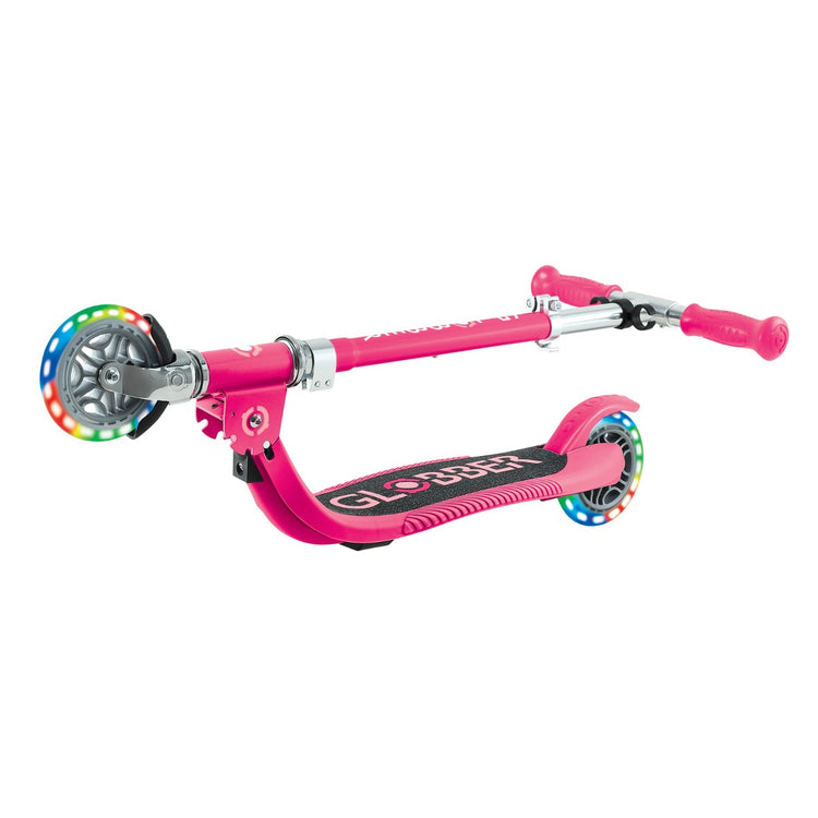 Globber Flow Foldable Junior Lights Scooter - Pastel Pink / Fuchsia | LED Wheels, Foldable Design & Adjustable Handlebars for Kids