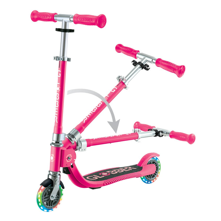 Globber Flow Foldable Junior Lights Scooter - Pastel Pink / Fuchsia | LED Wheels, Foldable Design & Adjustable Handlebars for Kids