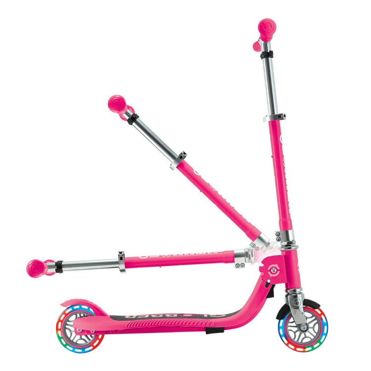 Globber Flow Foldable Junior Lights Scooter - Pastel Pink / Fuchsia | LED Wheels, Foldable Design & Adjustable Handlebars for Kids