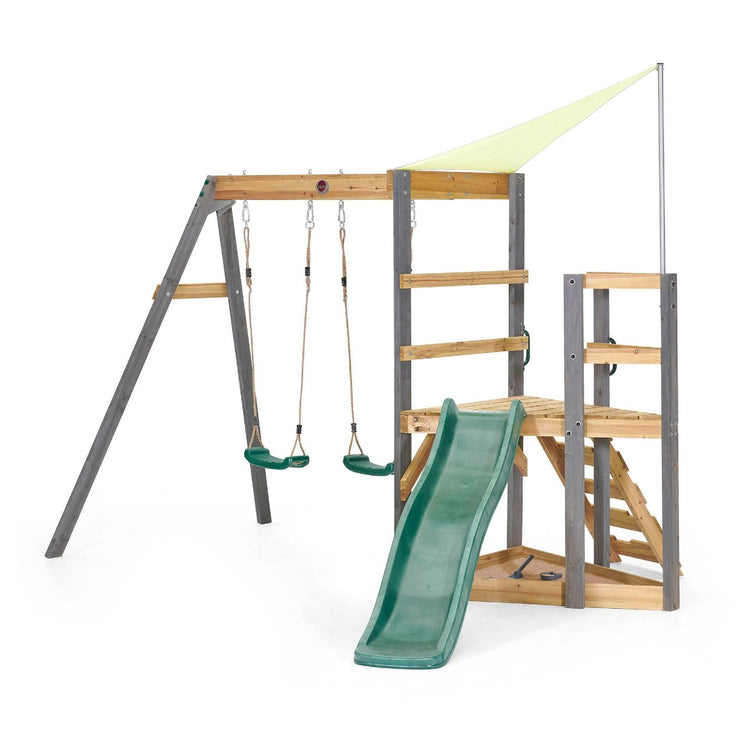 Plum Barbary Playcentre with 6ft Slide, Double Swing & Shade Cover | All-in-One Wooden Playset