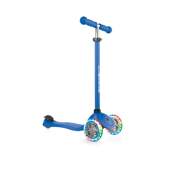 Globber PRIMO Foldable Scooter with Lights - Navy Blue | LED Wheels, Adjustable T-Bar for Kids